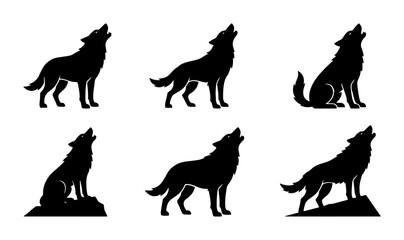 Fototapeta premium Wolf Silhouettes Vector Pack: Howling Canine Icons, Wild Animal Graphics, Nature Wildlife Art, Pack Hunter Symbols, Nocturnal Creature Illustrations