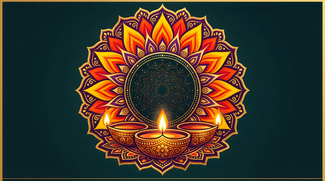 Colorful mandala pattern with glowing oil lamps for diwali celebration