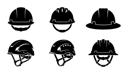Fototapeta premium Set of 6 Black Hard Hat Icons, Safety Helmet Vector Graphics, Industrial Protective Headwear Collection, Construction Worker Gear Symbols