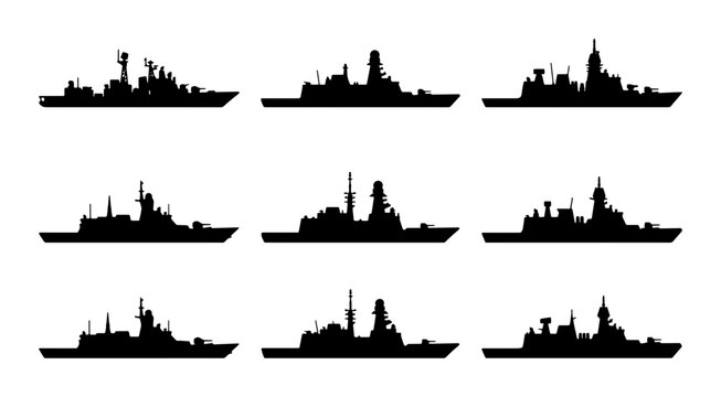 Silhouette Warships Collection, Naval Battleship Icons, Military Fleet Vector Set, Maritime Power Graphics