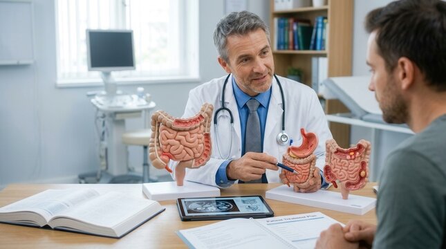 Doctor Explains Digestive System Model To Patient During Consultation