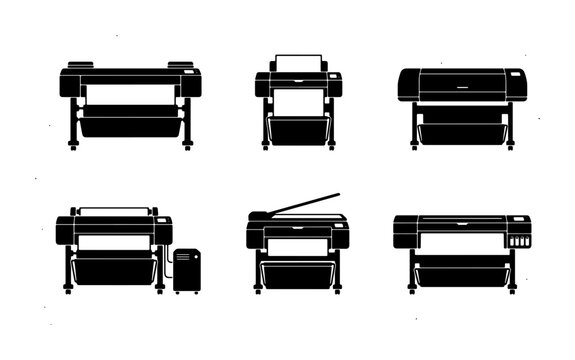 Large Format Printer Icons, Wide Format Plotter Vector Set, Professional Printing Equipment Graphics