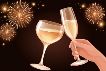 Naklejka premium Champagne toast with fireworks background for New Year celebration