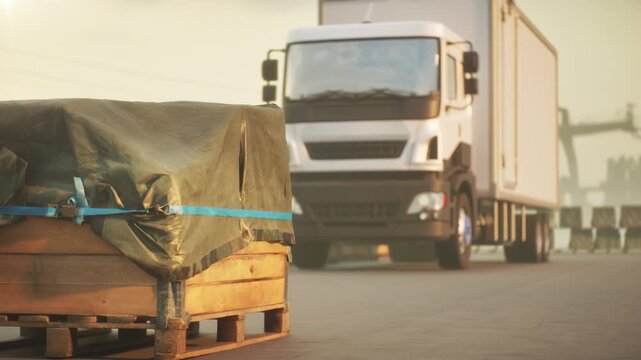 Logistics transportation concept. Tarpaulin covered crates with container truck behind. 3D animation.