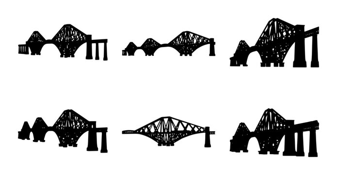 Forth Bridge Silhouettes, Iconic Railway Structure Vector Icons, Industrial Engineering Landmark Collection, Black and White Architectural Design Elements