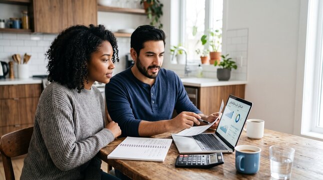 Couple reviewing mortgage options and financial documents on a laptop at home kitchen table.