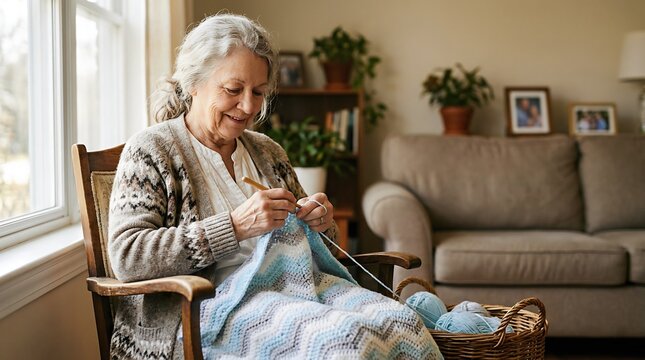 Senior Woman Knitting a Cozy Blue Blanket at Home in Warm Natural Light for Lifestyle and Retirement Concepts