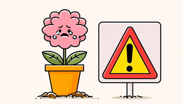 Illustration of a Cute Sappy Pink Flower Frowning Next to a Warning Symbolizing Potential Dangers
