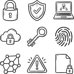 Fototapeta premium Set of hand drawn cyber security and data protection icons featuring locks shields and digital network elements