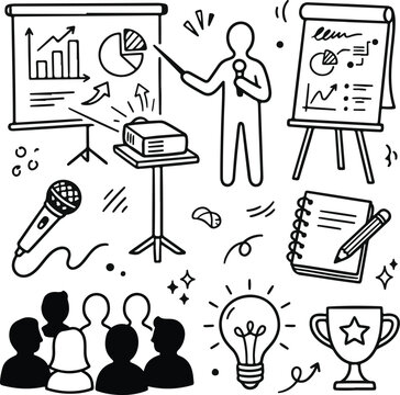 Hand drawn doodle set of business presentation elements including speaker charts projector microphone audience and creative lightbulb icons