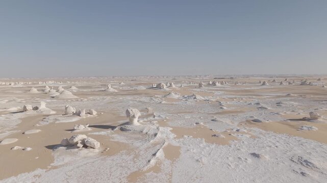 White Desert Bahariya Oasis, Egypt, Chalk Formations Orbiting Right Ascending Backward Aerial DJI Drone Raw Footage
