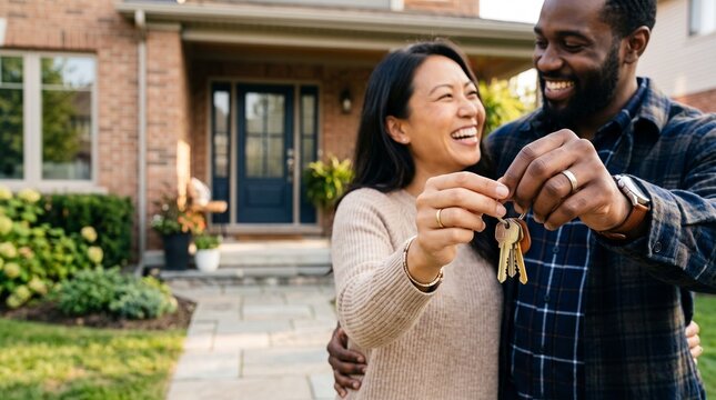 Happy couple holding keys to their new house, excited homeowners standing in front of home.