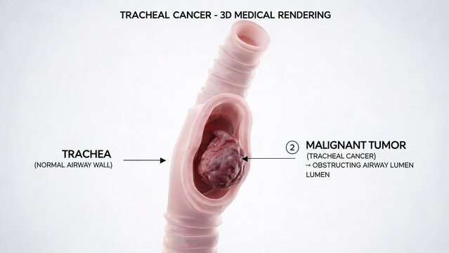 Tracheal cancer 3D medical rendering, malignant tumor obstructing tracheal airway lumen, normal tracheal wall anatomy
