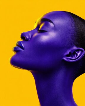 Side profile of woman with purple face paint against yellow background with eyes closed. Creative art and beauty makeup concept. Bold fashion expression and body paint design