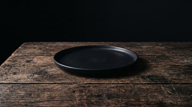 Empty Black Plate on Rustic Wooden Table with Dark Background.