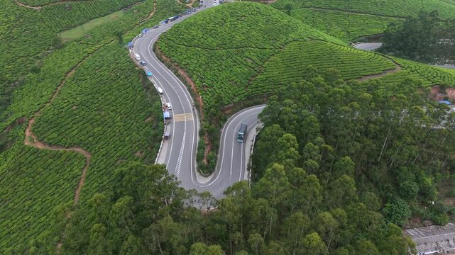 Aerial View of Scenic Mountain Roads and Tea Plantations in Munnar, Kerala, India