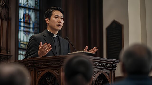 Young Asian priest speaking to the congregation from a wooden pulpit in a traditional sanctuary