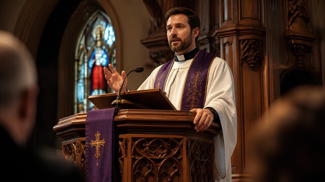 A Devoted Priest Delivers an Inspiring Sermon from the Pulpit in a Traditional Church Setting