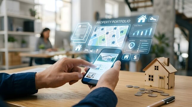 Close up of person hand using real estate property portfolio app on mobile phone