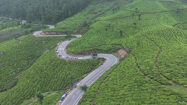 Aerial View of Scenic Mountain Roads and Tea Plantations in Munnar, Kerala, India