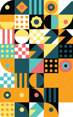 Obraz premium Abstract geometric pattern with colorful shapes and simple symbols in a grid Vector