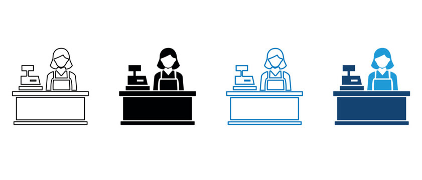 Cashier vector icons set, retail store checkout counter, female shop assistant, and payment register symbols