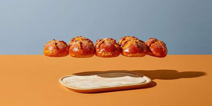 Pan de muerto loaves floating above an empty tray on a floured bakery bench, featuring sugary crusts and golden tones for a food banner with copy space