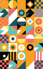 Obraz premium Abstract geometric pattern with colorful shapes and flowers in a retro modern style Vector