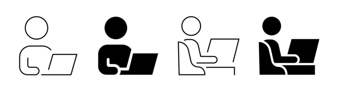 Person working on laptop icon set. Man sitting at desk with computer in line art, solid silhouette, and profile view styles. Remote work, freelancing, office workplace, online learning, and programmer