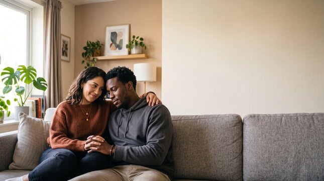 Young couple sitting on sofa offering emotional support and comfort at home