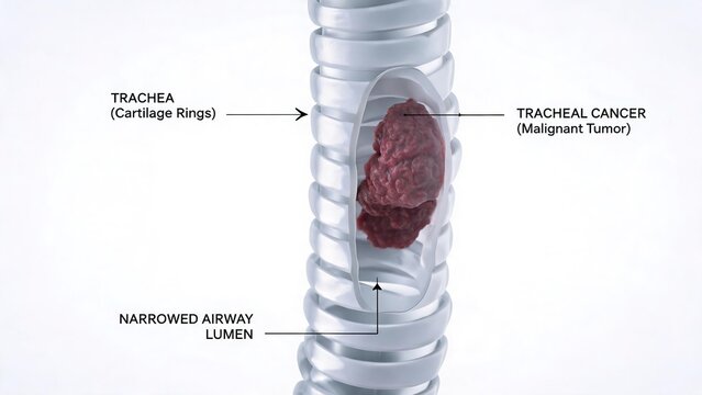 Tracheal cancer 3D medical illustration, malignant tumor narrows tracheal airway lumen, trachea cartilage rings cross‑section view