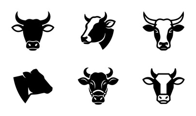 Obraz premium Six Black and White Cow Head Icons, Livestock Farm Animal Silhouettes, Cattle Vector Graphics for Agriculture and Meat Industry Branding