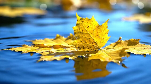 Yellow maple leaf floating on blue water with ripples. Close-up of autumn foliage in a pond on a sunny day. Fall season nature background
