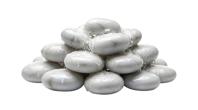Stack of shiny metallic kidney-shaped beans on transparent background.