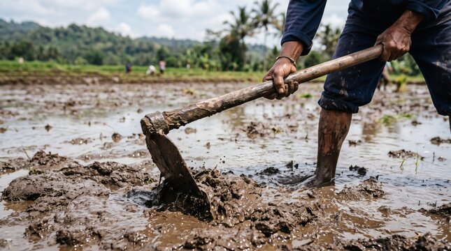 Farmer working in muddy rice paddy field with hoe during cultivation season.