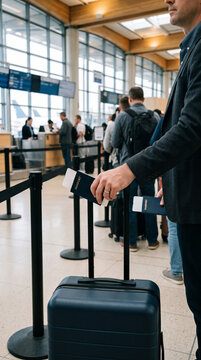 Close-up of a man's hand holding the handle of a suitcase while waiting in line at an airport terminal, waiting for a flight to depart, check-in, passport control and immigration security