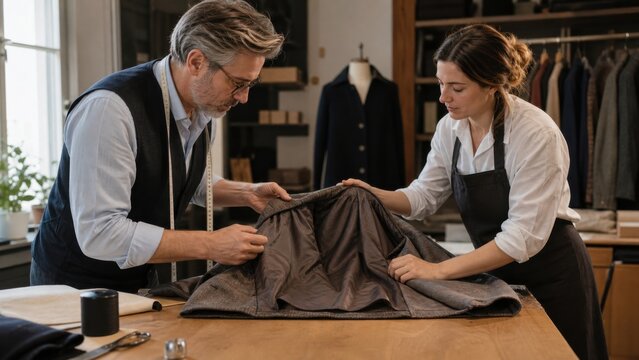 Coat lining renewal: Two tailoring professionals fit a new lining inside a worn wool coat, showing layers and craftsmanship