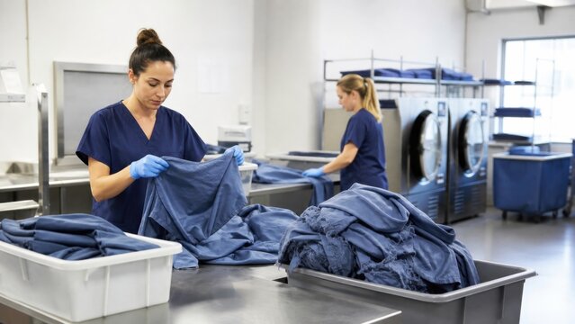 Hospital scrub textile recovery: Laundry staff separate reusable plain scrubs from damaged ones for repair and fiber recovery