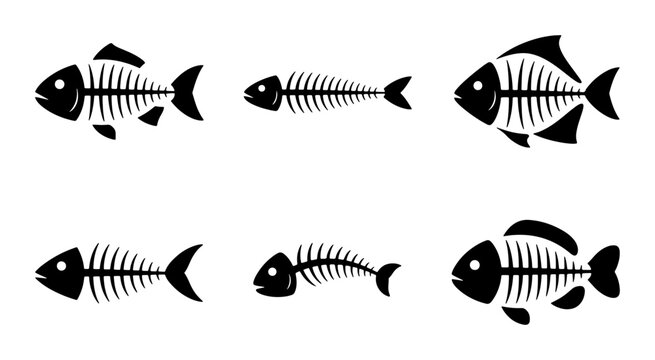 Set of Six Black Fish Skeletons, Marine Life Anatomy Icons, Seafood Remains Vector Graphics