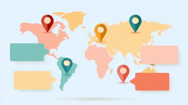 Simplified world map infographic with colorful location pins and blank text boxes for data visualization