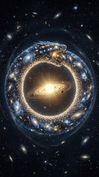 Cosmic ouroboros serpent biting its tail, demonstrating ancient greek gnostic idea of eternal cyclic rebirth, framing a newborn solar system with glowing planetary orbits inside deep space.