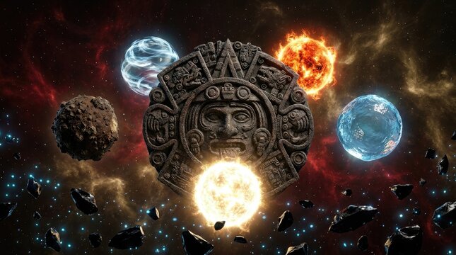 Aztec stone monolith calendar disk representing five suns creation myth from mesoamerican religion, showing carved face depicting deity tonatiuh surrounded by orbiting elemental planetary spheres.