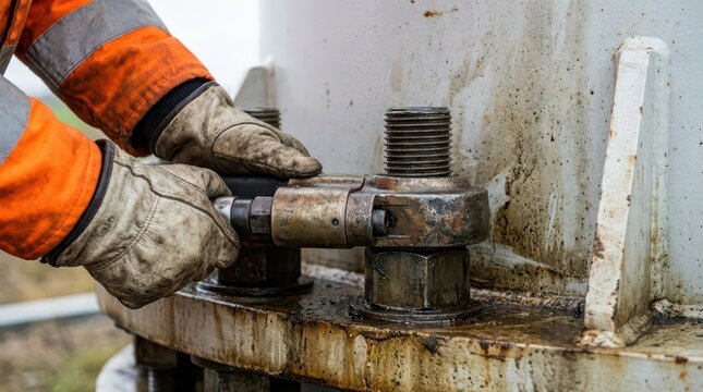 Wind turbine maintenance close up showing gloved hands tightening bolts with wrench on oily flange for repair and safety banner design