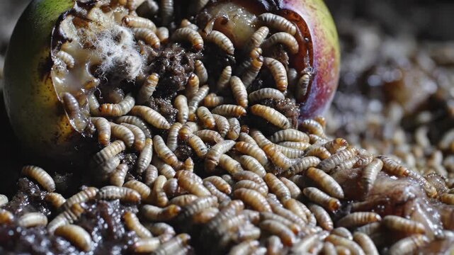 Close-up of maggots swarming and feeding on rotten fruit. Decomposition and infestation process. Horror concept