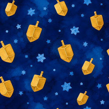 Seamless Pattern of Dreidels and Stars on Dark Blue Background