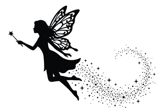 Magical fairy silhouette with butterfly wings and wand, flying pixie with stardust trail, black mythical creature vector illustration
