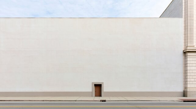 Minimalist beige building wall with small brown door under overcast sky