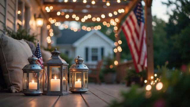 Decorative lanterns with candles and string lights on a garden patio