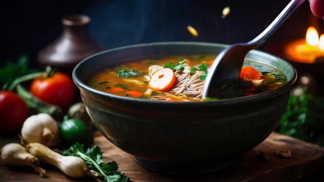 Traditional Burmese Mohinga soup in bowl dinner lunch, vegetable vegetarian cuisine AI Generative