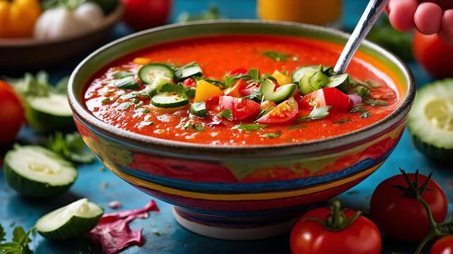 Traditional Spanish gazpacho cold soup bowl dinner lunch, vegetable vegetarian cuisine AI Generative